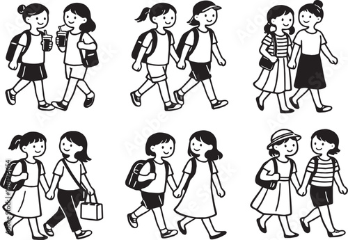 Walking School Girls Friends Hand Drawn Icon Set Kids Friendship Leisure Vector