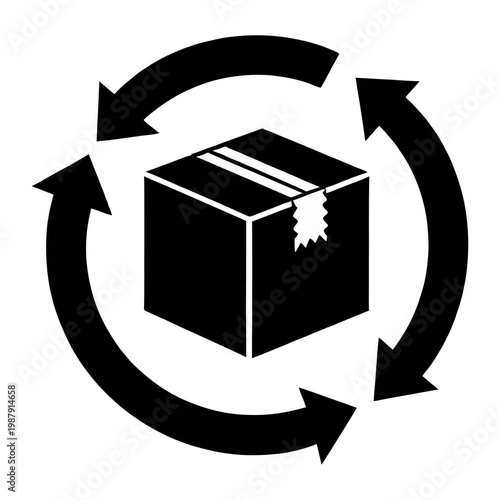 Vector graphic of a package with a recycling symbol around it, representing sustainable packaging and eco-friendly shipping.