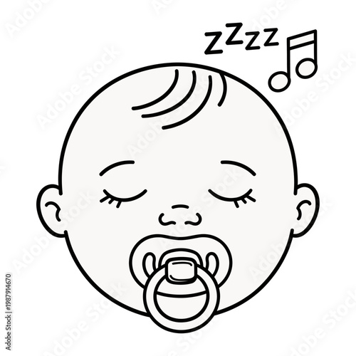 Vector of a sleeping baby with a pacifier in its mouth and musical notes above its head