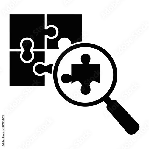 Vector graphic of a magnifying glass examining a puzzle piece in a complete solution.