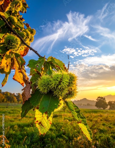 A close-up shows a branch with spiky green fruit and golden leaves, set against a vibrant sunrise with wispy clouds and a green meadow
