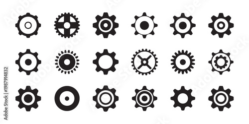 Solid black gear wheels and cog icons set for engineering interface design isolated on transparent background.