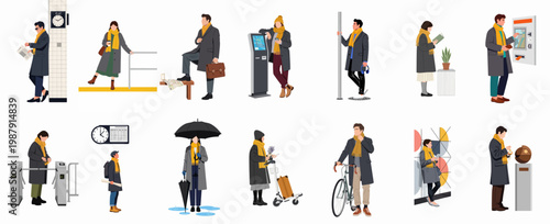 Flat illustration collection of diverse people in winter coats and yellow scarves commuting and navigating various urban settings and activities.