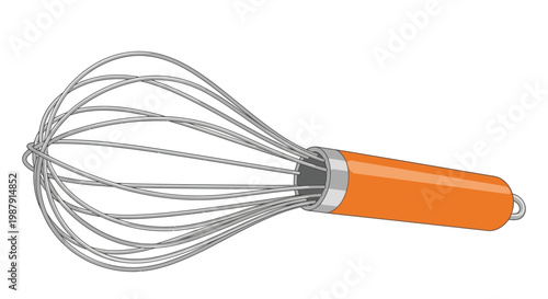 A brightly colored illustration depicting a stainless steel kitchen whisk with an orange handle