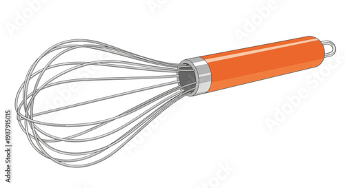 A brightly colored orange handled kitchen whisk is presented on a plain white background
