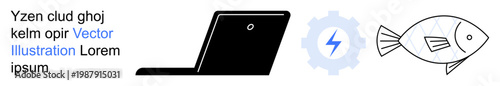 Technology, automation, energy solutions, digital tools, innovation, efficiency. Silhouettes of a laptop, gear with lightning bolt and fish shape. Technology and automation concept