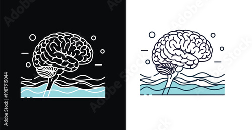 An illustration of a brain emerging from water on contrasting black and white backgrounds