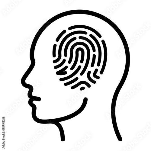 Vector of a human head with a fingerprint inside, symbolizing identity and uniqueness.