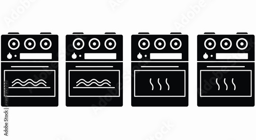 A series of four identical black and white illustrations depicting vintage tube amplifiers