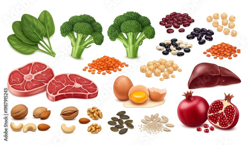 Iron rich food icons vector anemia diet nutrition flat design healthy food set