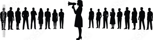 WebSilhouetted leader with megaphone addressing group teamwork communication concept, flavector