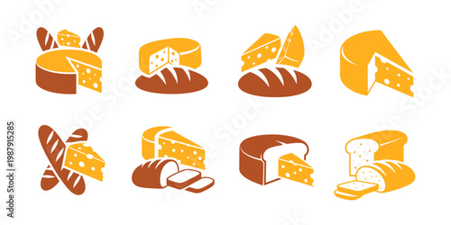 Set of cheese and bread bakery icons. Brown and orange vector illustrations for gourmet cheese shops, bakeries, and deli menus