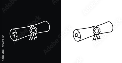 A simple line drawing of a diploma or certificate on a black and white background