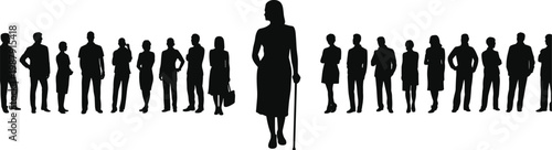 WebDiverse group silhouettes standing together highlighting central leader figure, flavector