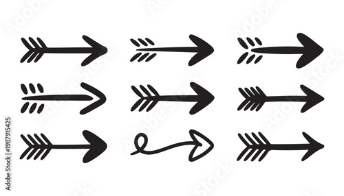 Set of 9 different decorative hand drawn arrows, artistic brush arrow collection, vector illustration.