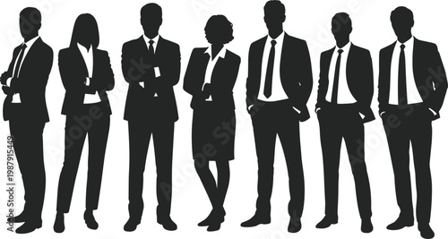 Business team silhouettes standing together in formal attire, corporate collaboration concept, flavector