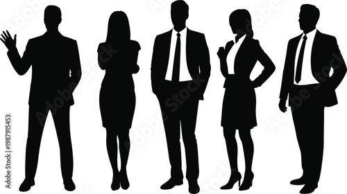 WebBusiness team silhouettes in suits symbolizing teamwork, leadership, corporate unity, flavector