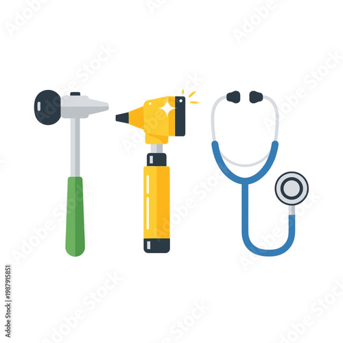 Medical Examination Tools Icon – Otoscope, Reflex Hammer, and Stethoscope Set