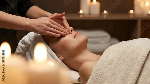 Beautiful Woman Receiving Relaxing Facial Massage in Luxury Wellness Spa