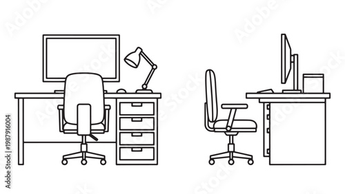 Modern Outline Illustration of Two Distinct Office Workspaces with Desks, Computers, Chairs, and Lamps, Representing Remote Work and Productivity Environments.