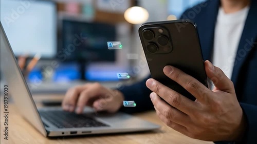 Businessman Using Smartphone with Digital CRM Interface for Customer Management