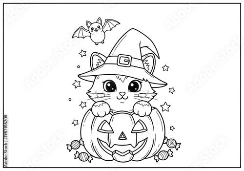A whimsical witch cat with a pumpkin for a body celebrating halloween