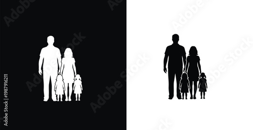 A family of four is depicted in two contrasting silhouettes against black and white backgrounds