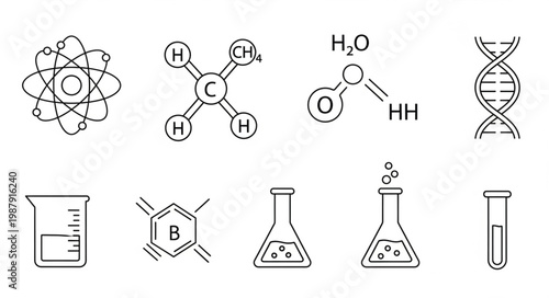Collection of scientific and chemical formulas and icons.