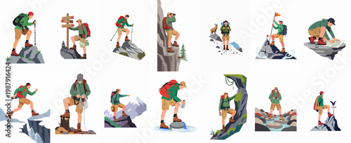 Collection of diverse flat vector illustrations featuring men engaged in various hiking, mountain climbing, and outdoor exploration activities in nature environments.