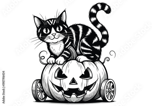 A playful cat sitting atop a jack-o'-lantern wagon for a spooky holiday scene