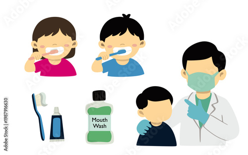 Children Brushing Teeth with Dentist Healthcare