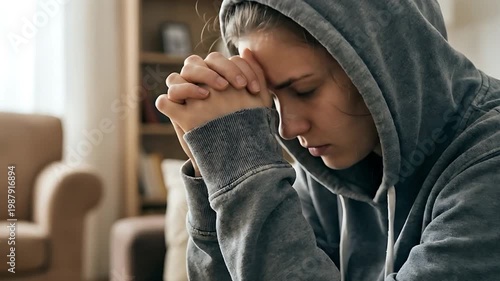 Young woman in hoodie feeling depressed and anxious while sitting at home