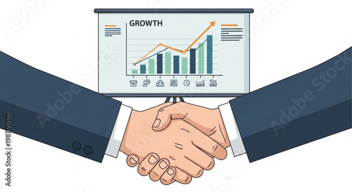 Businessmen shaking hands in front of a growth chart presentation.