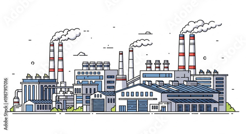 Modern industrial factory complex with smoking chimneys.