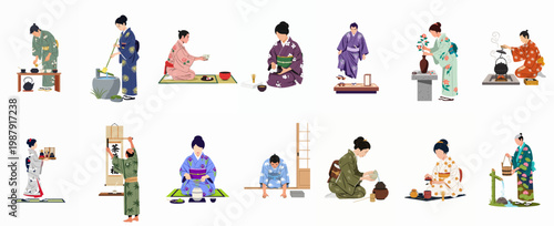 Set of Japanese people in traditional kimonos performing tea ceremony rituals, ikebana, calligraphy, and cultural activities, isolated on a white background.