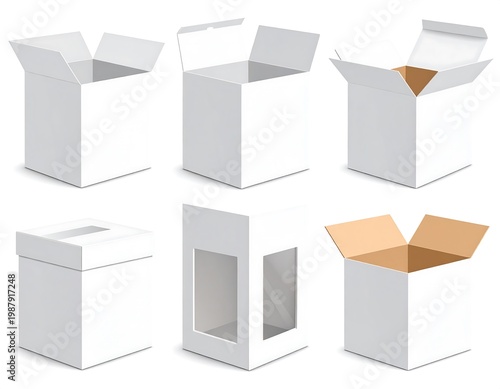 Six various white and brown cardboard boxes in different perspectives, all opened, for product packaging