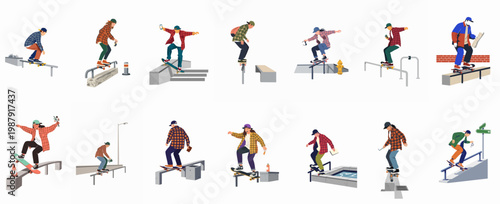 Diverse set of flat vector illustrations featuring male and female skateboarders performing various tricks on urban street obstacles like rails and ledges.