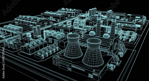 Abstract Digital Rendering of Industrial Power Plant Structures.