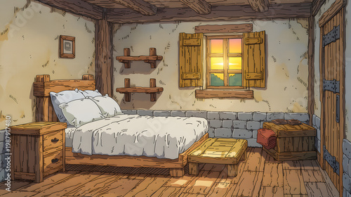 Explore a Cozy Rustic Bedroom: A Serene Retreat with Wooden Furnishings and a Beautiful Sunset View from the Window, Perfect for Relaxation and Rejuvenation.