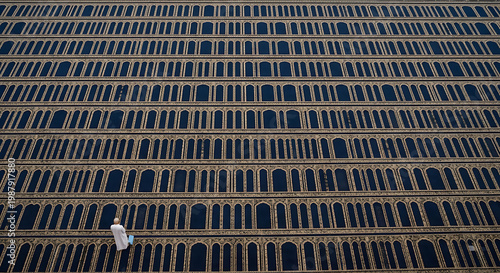 A man in a white outfit walks along the exterior of a large building with many windows and arches