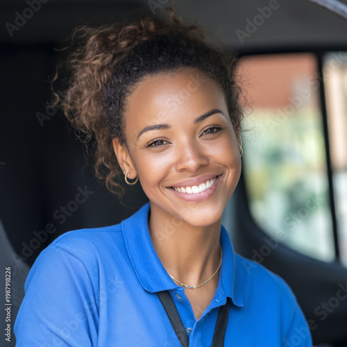 A happy young African American woman smiling brightly inside a vehicle.