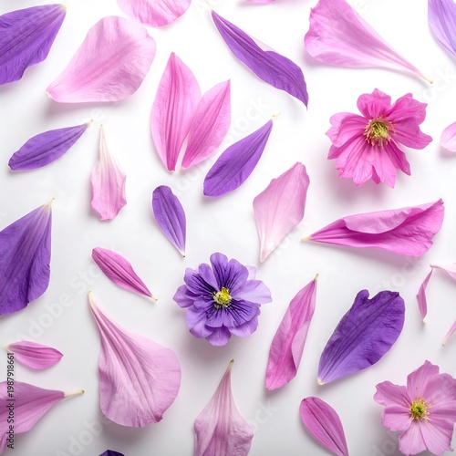 Overhead shot of delicate purple and pink petals and blossoms scattered on a pure white background creating a soft, floral design