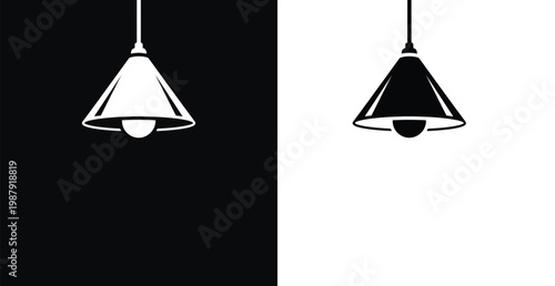 A minimalist illustration of two hanging lamps against a contrasting black and white background