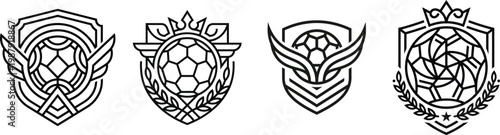 Four different soccer crest designs with shields and balls