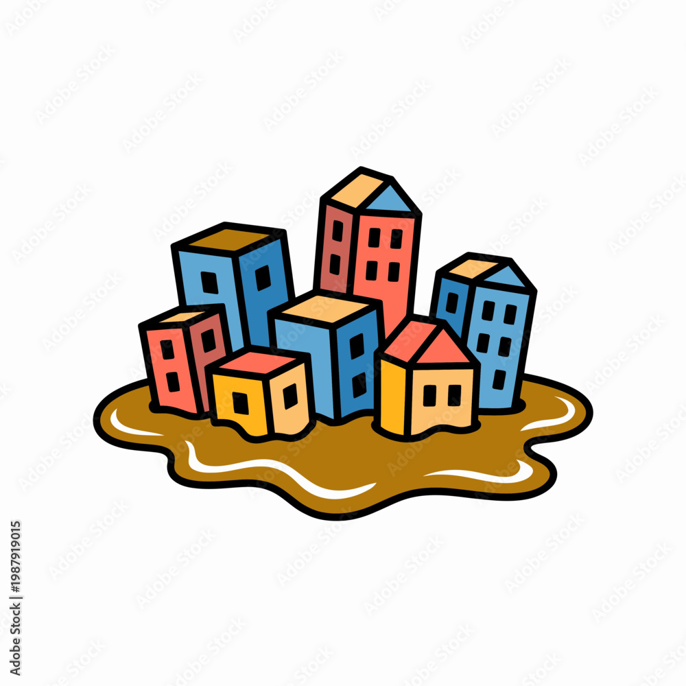 Fototapeta premium Colorful Cityscape Buildings on Muddy Ground
