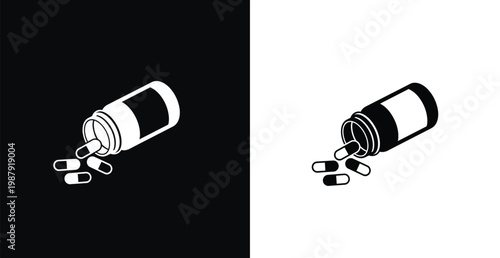 A black and white illustration of a pill bottle spilling capsules on a contrasting background