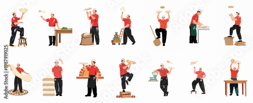 Set of pizza chefs in various action poses tossing dough and preparing food, flat vector illustration on white background.