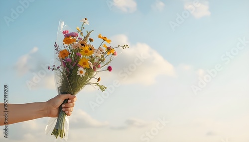 Woman Holding Wildflower Bouquet Against Soft Sky Background