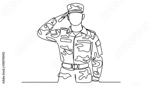 One continuous line illustration of an military , isolated on white background.