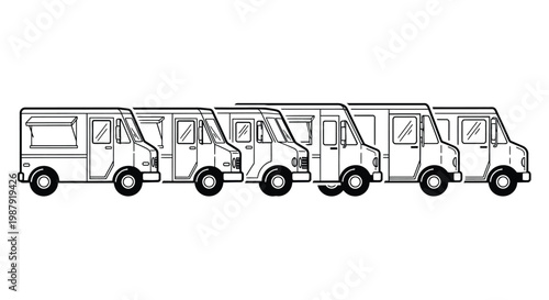 A row of five identical food trucks are depicted in a simple black and white line drawing
